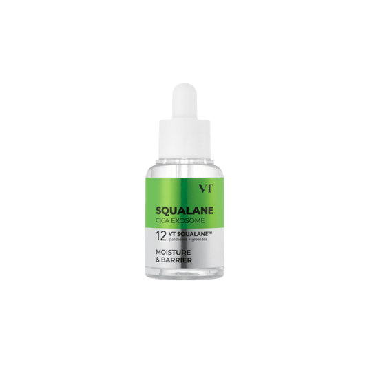 VT Squalane S4 Moisture Ampoule is a deeply hydrating serum designed to strengthen the skin moisture barrier and keep skin balanced. Formulated with plant-derived Squalane, it helps lock in moisture while improving softness and elasticity. Cica Exosome provides intensive soothing care, while Green Tea Extract helps maintain a healthy oil-water balance. Niacinamide and Panthenol support skin clarity and comfort, while Ceramide NP reinforces the skin barrier. The rich yet fast-absorbing texture delivers long-