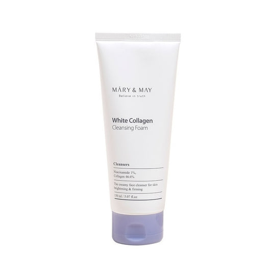 MARY & MAY White Collagen Cleansing Foam is a rich, hydrating cleanser with 46.6% Hydrolyzed Collagen to help improve skin elasticity and provide deep moisture. Formulated with Niacinamide (1%) for brightening, it effectively cleanses while promoting a radiant complexion. Glycerin and Sodium Hyaluronate ensure the skin stays hydrated and soft, making this cleansing foam ideal for dry or aging skin.